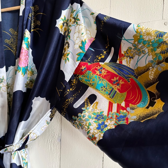 Vintage Robe Long Geisha Kimono Silver Dragon Blue De Oriental Small Medium - Picture 5 of 16